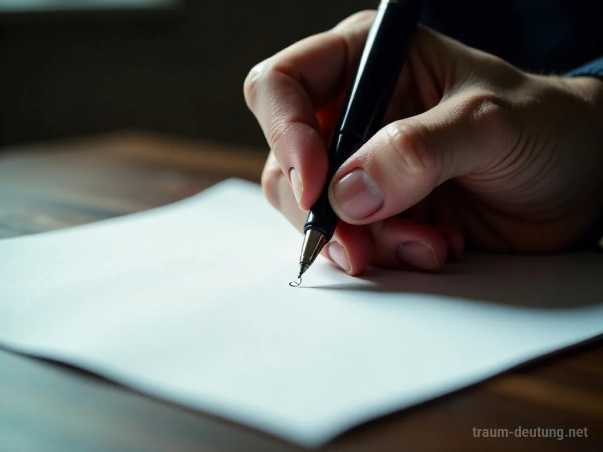 Eine Hand schreibt mit einem Stift auf ein weißes Blatt Papier.