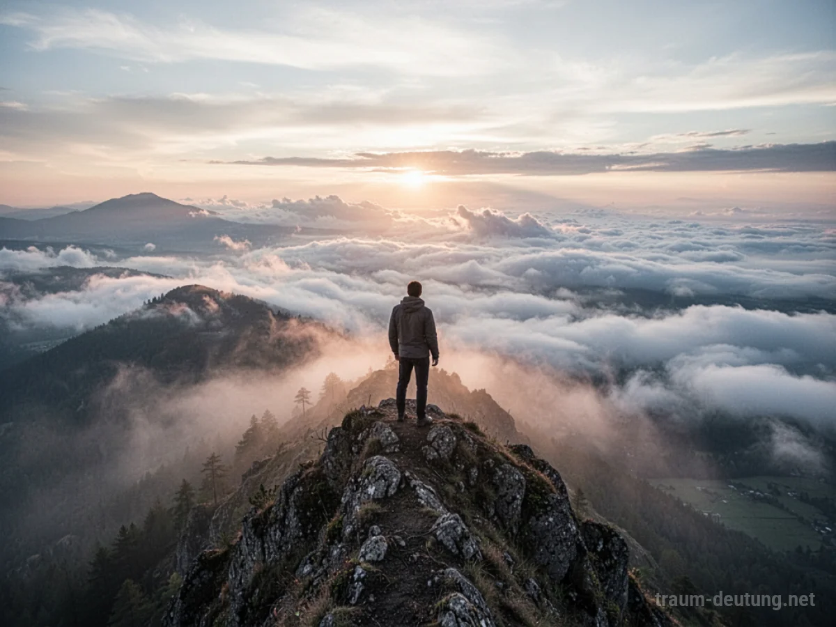 Person steht auf einem Berggipfel und blickt in die Ferne über Wolken.