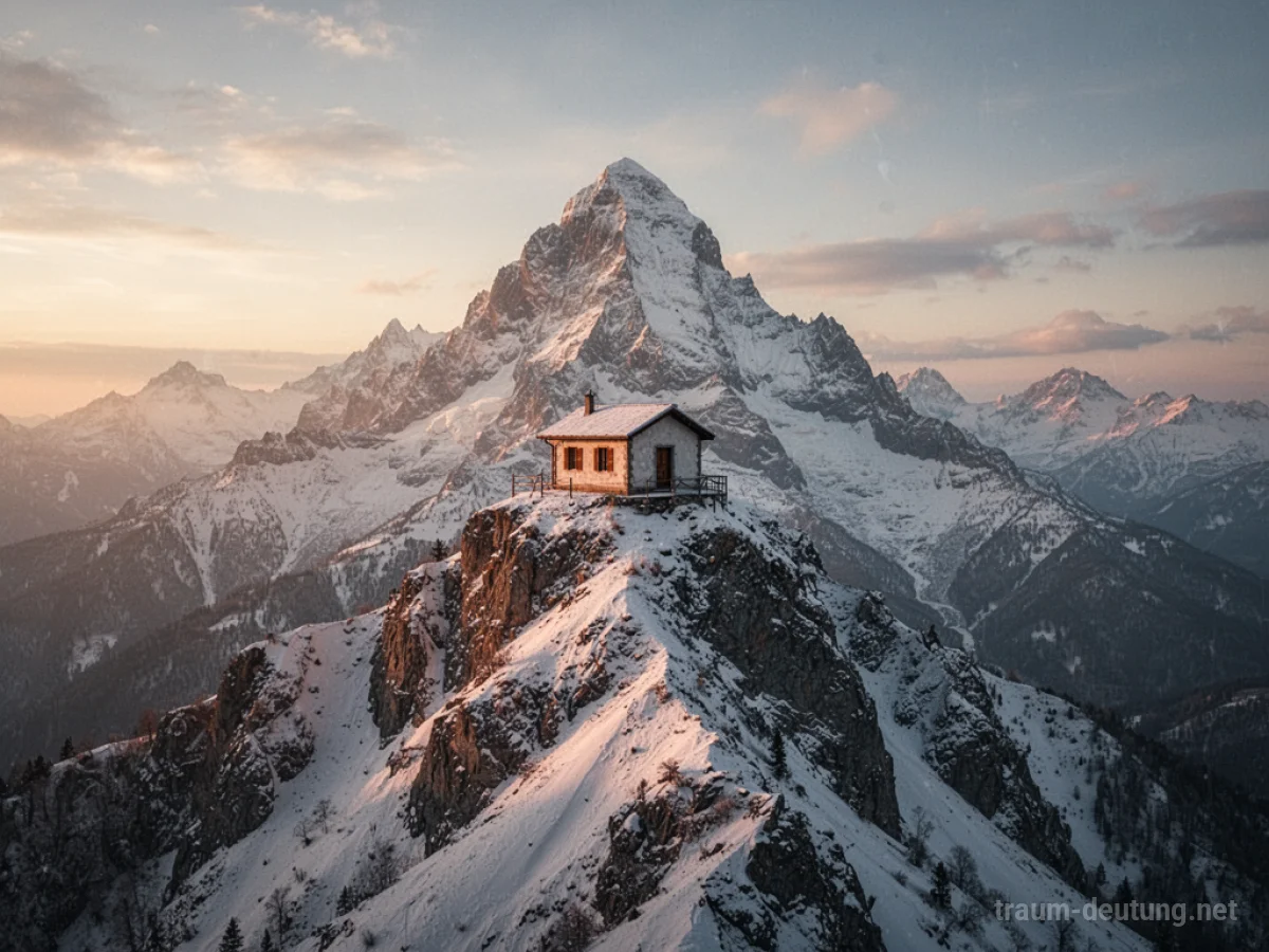 Eine Hütte auf einem Berggipfel im Morgenlicht.