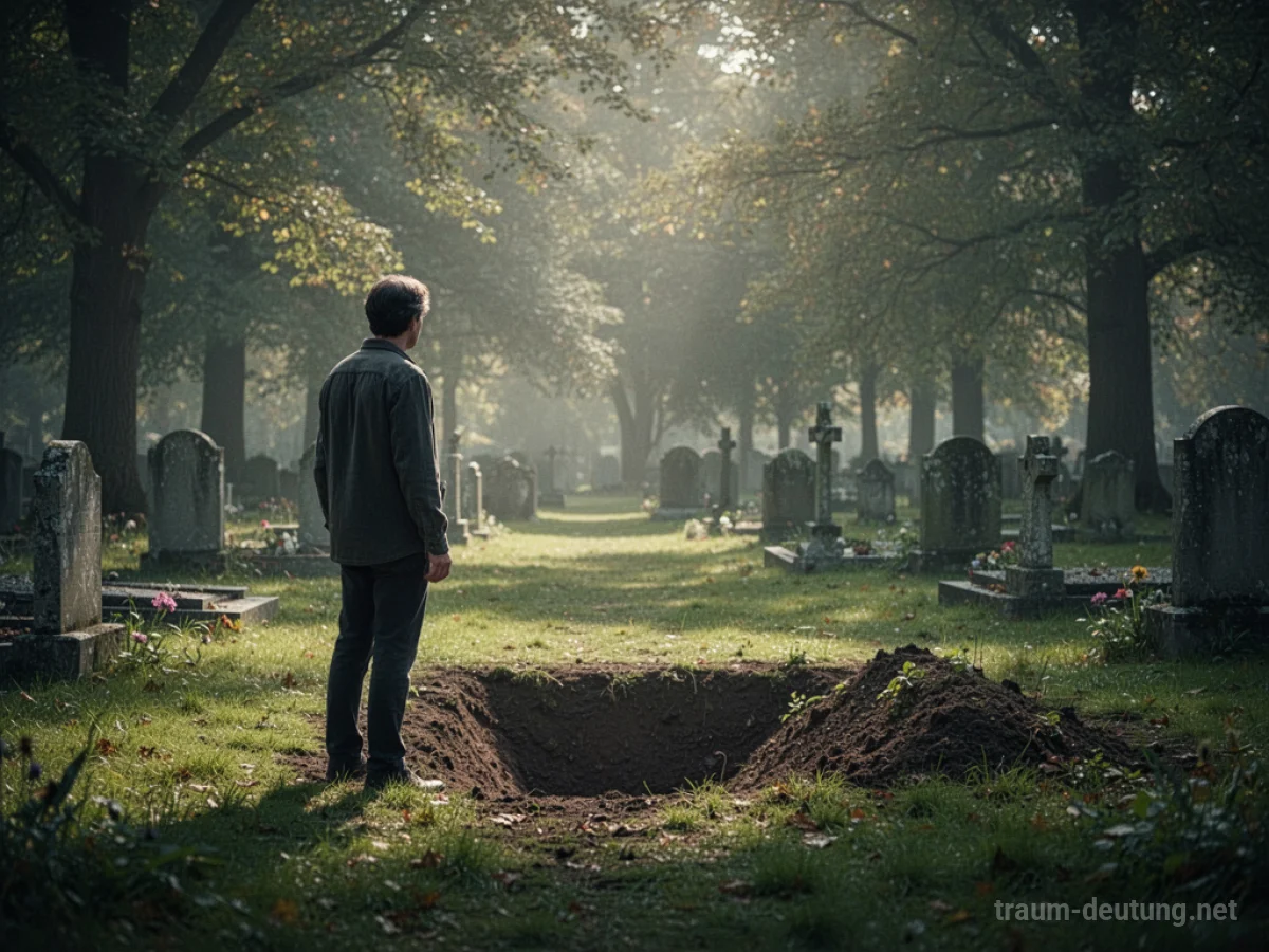 Eine Person steht auf einem Friedhof vor einer Grabstätte.