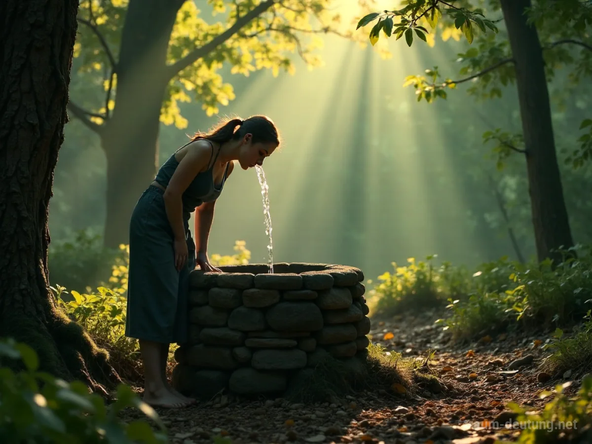 Eine Person trinkt aus einem steinernen Brunnen in einer sonnigen Waldlichtung.