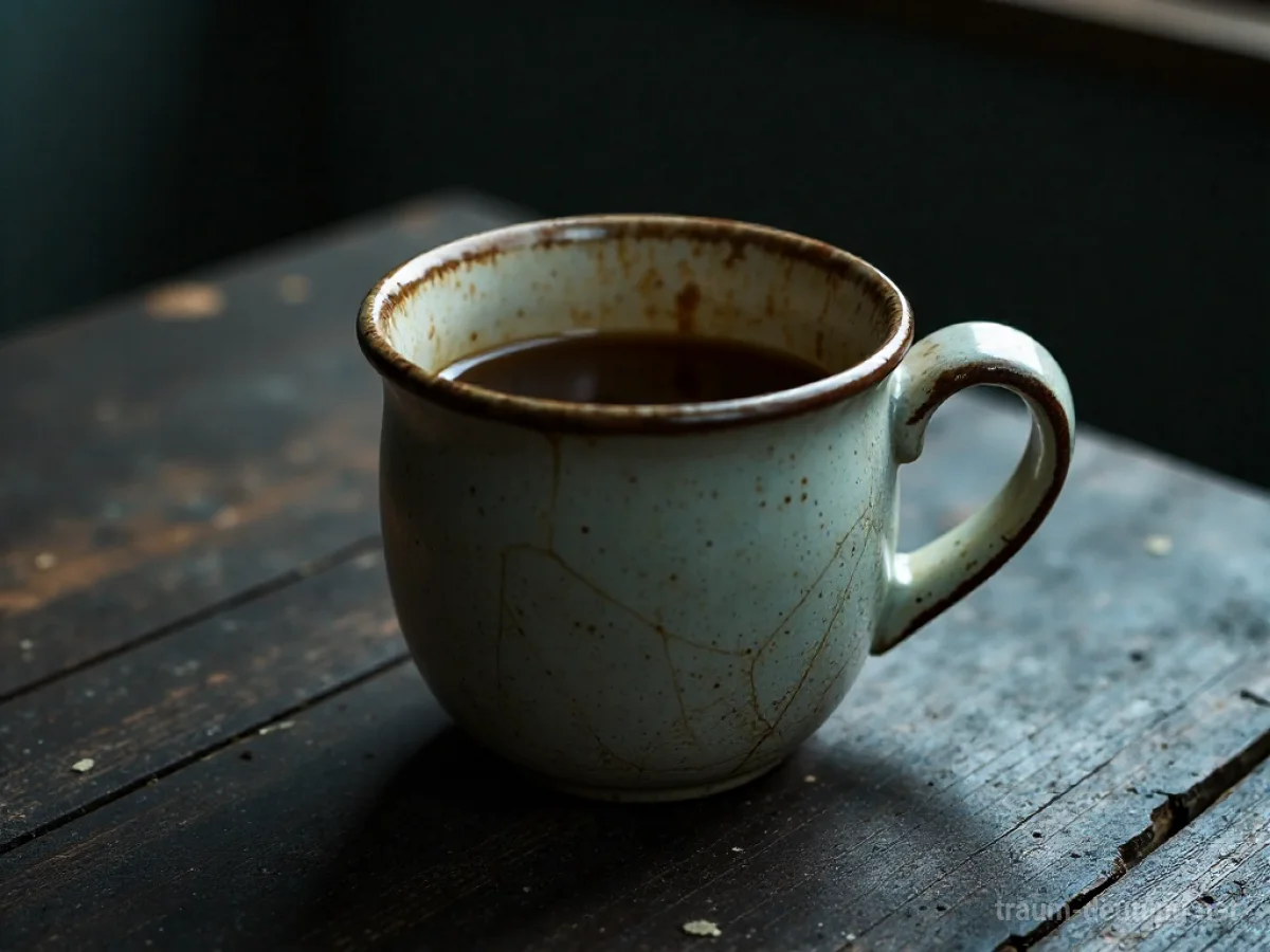 Schmutziger Becher mit trüber Flüssigkeit auf einem dunklen Tisch