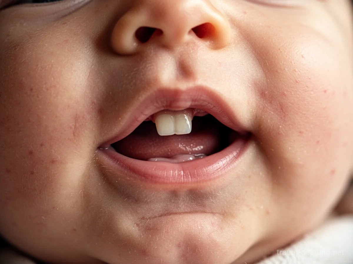Ein Baby zeigt einen neuen Zahn, der gerade durchbricht
