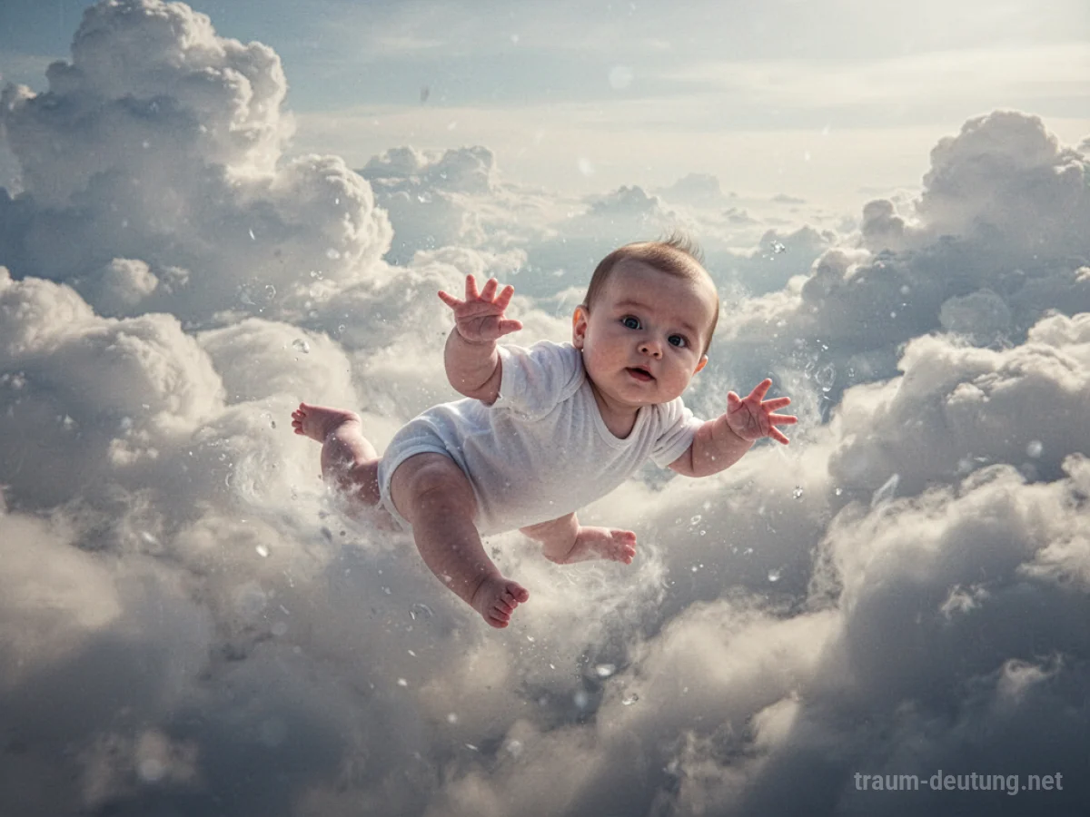 Baby fällt sanft durch Wolken, Hände ausgestreckt.