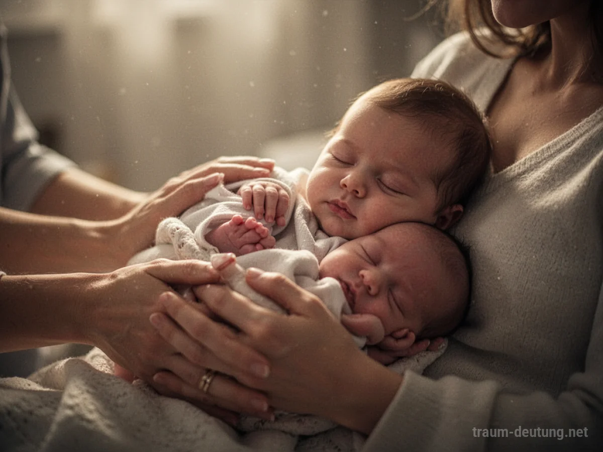 Hände halten sanft ein schlafendes Baby im warmen Licht