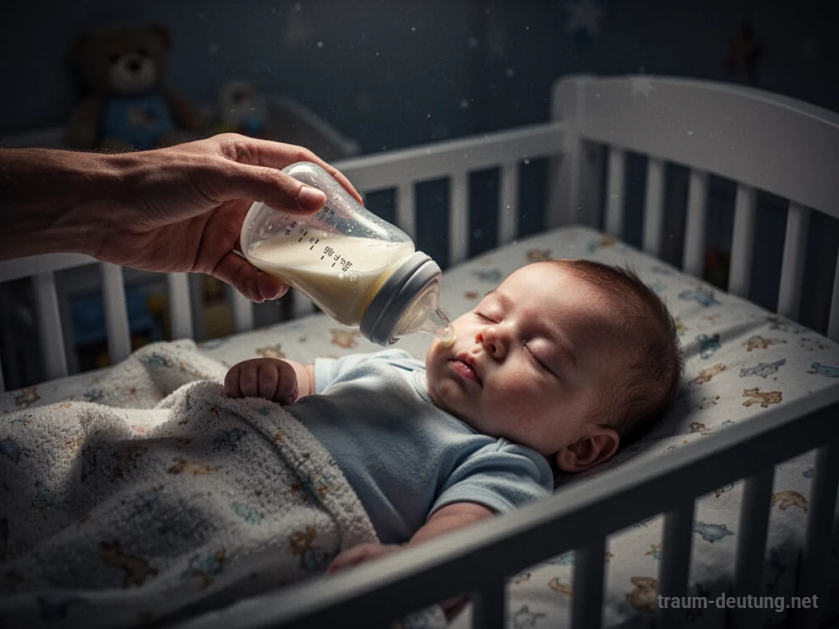 Hand mit Babyflasche gibt einem schlafenden Baby Milch.