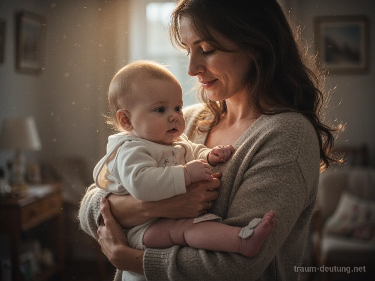 Eine Person hält ein Baby liebevoll im Arm in einem warmen Licht.