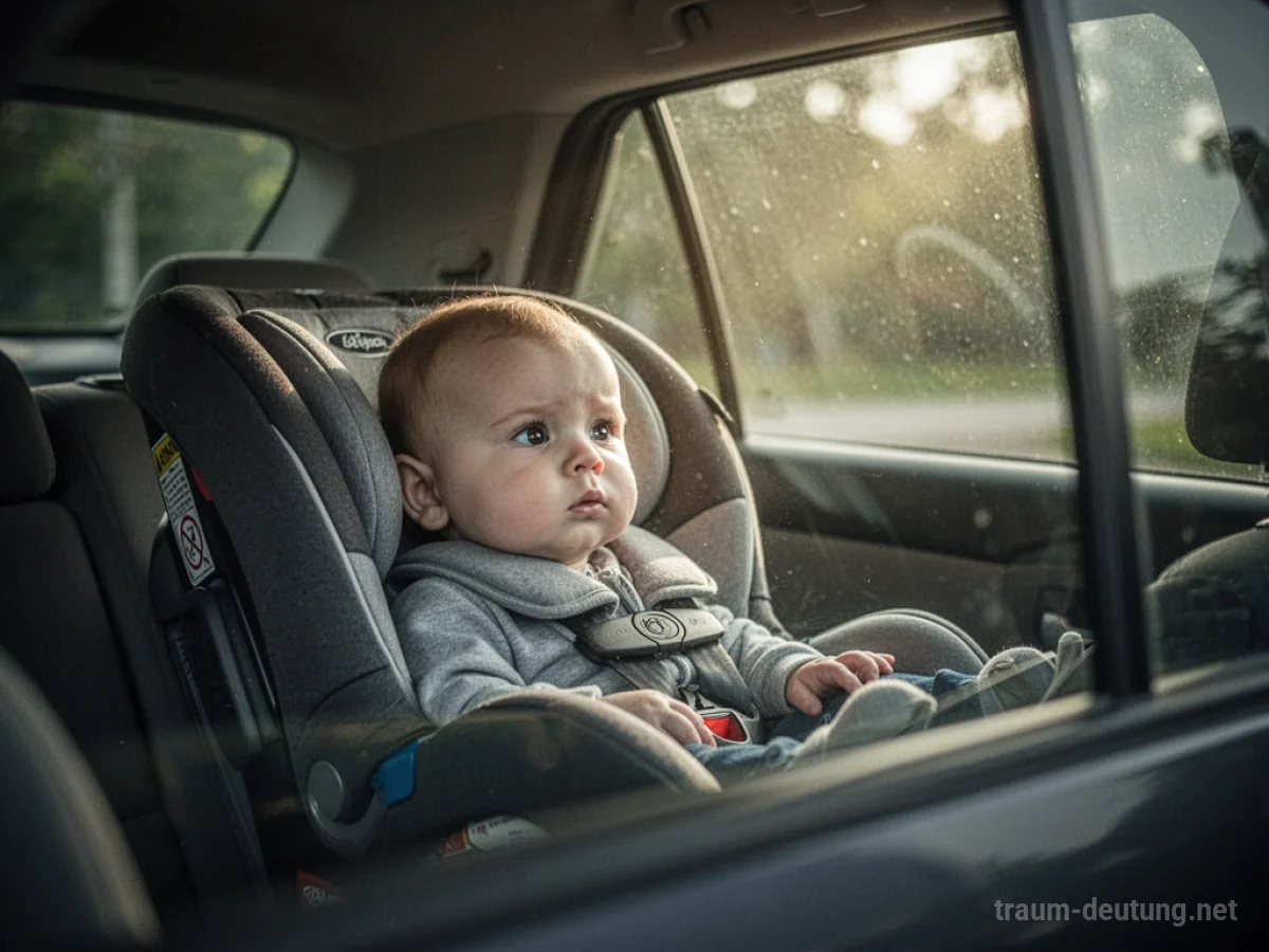 Baby sitzt angeschnallt in einem Auto.