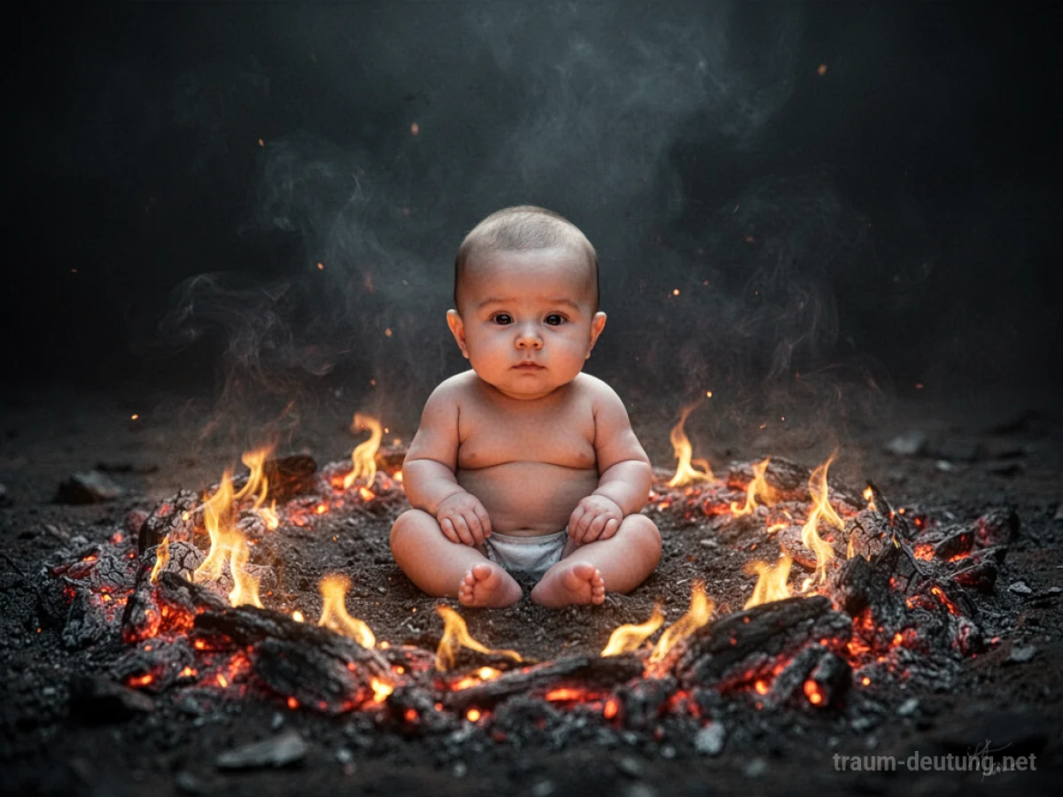Baby sitzt inmitten von sanft glühenden Kohlen
