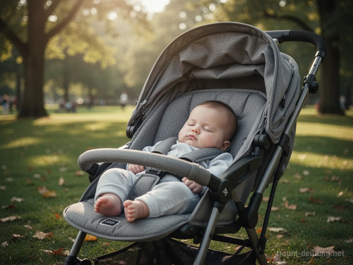 Baby schläft in einem Kinderwagen im Park.