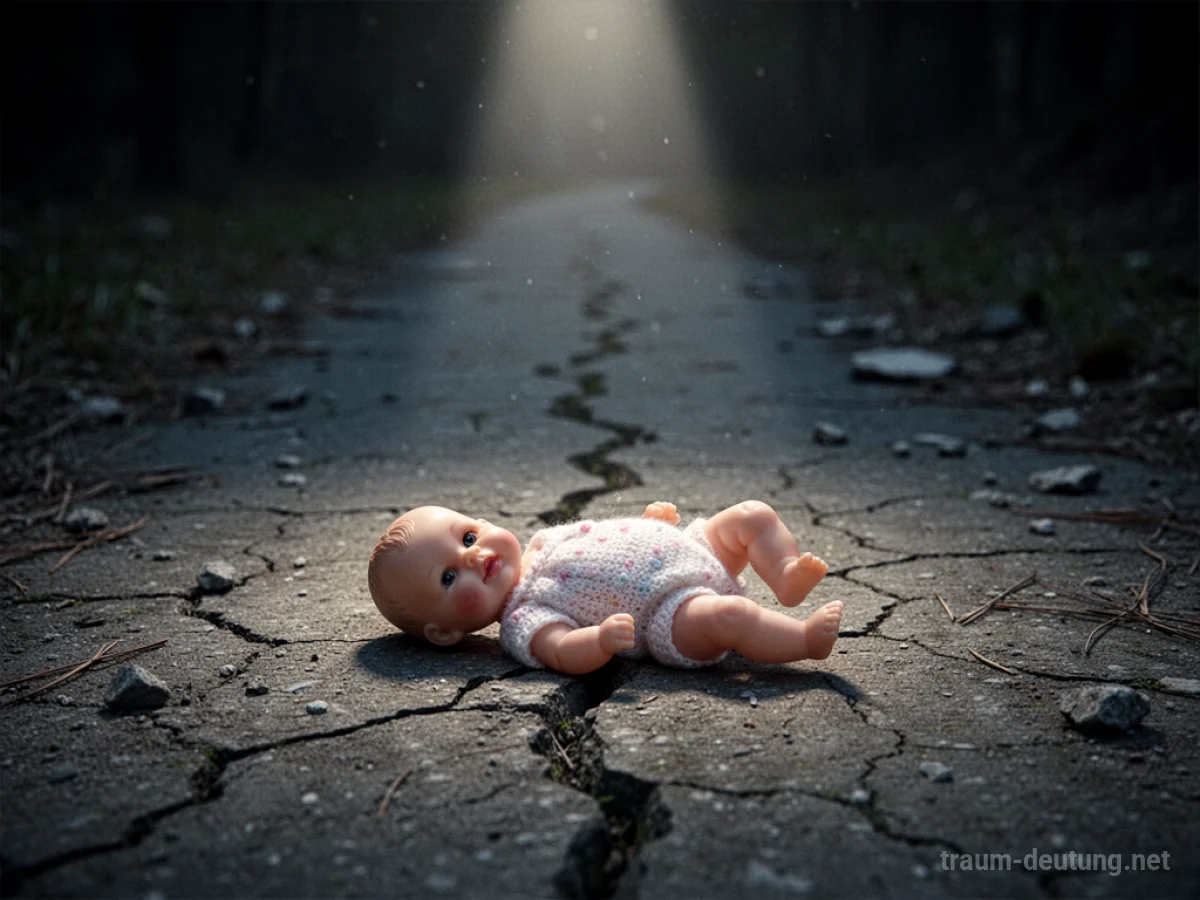 Babypuppe liegt allein auf einem rissigen Weg, beleuchtet von einem Lichtstrahl