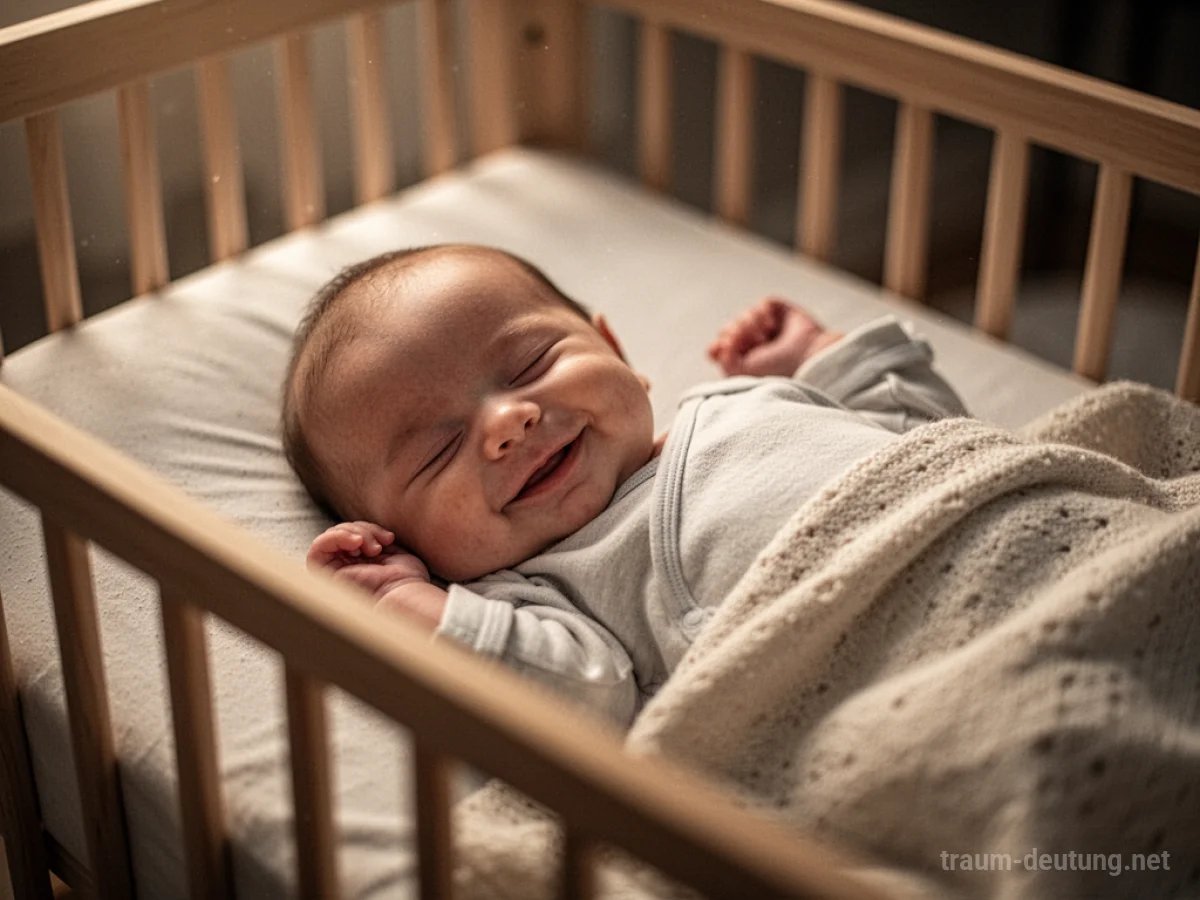 Ein friedlich lächelndes Baby schläft in einem hell erleuchteten Kinderbett.