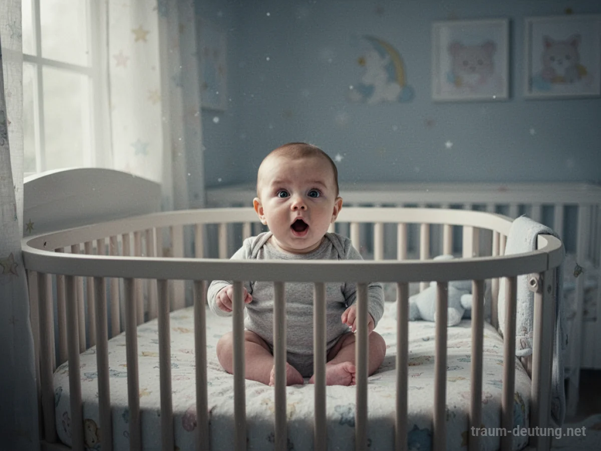 Ein Baby im Kinderbett mit offenem Mund, als würde es sprechen.
