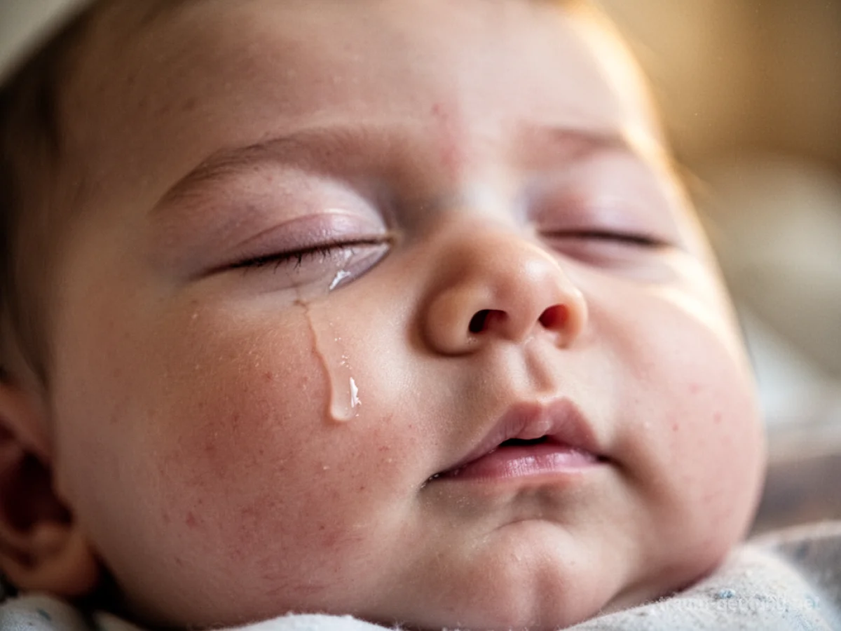 Nahaufnahme eines weinenden Babys im Traum, ein einzelner kleiner Tropfen auf der Wange.