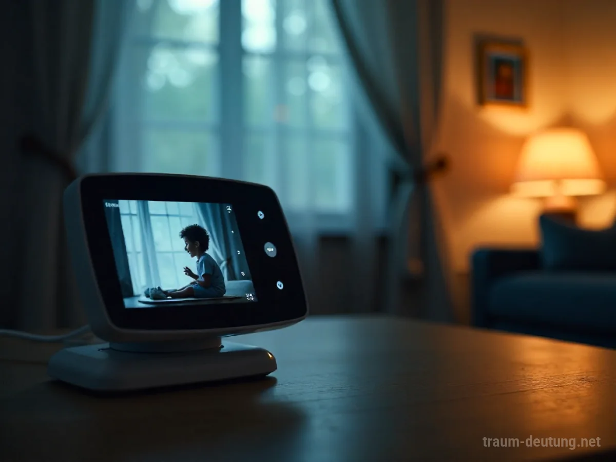 Babyfon in einem dunklen Raum mit der Silhouette eines Kindes im Hintergrund.