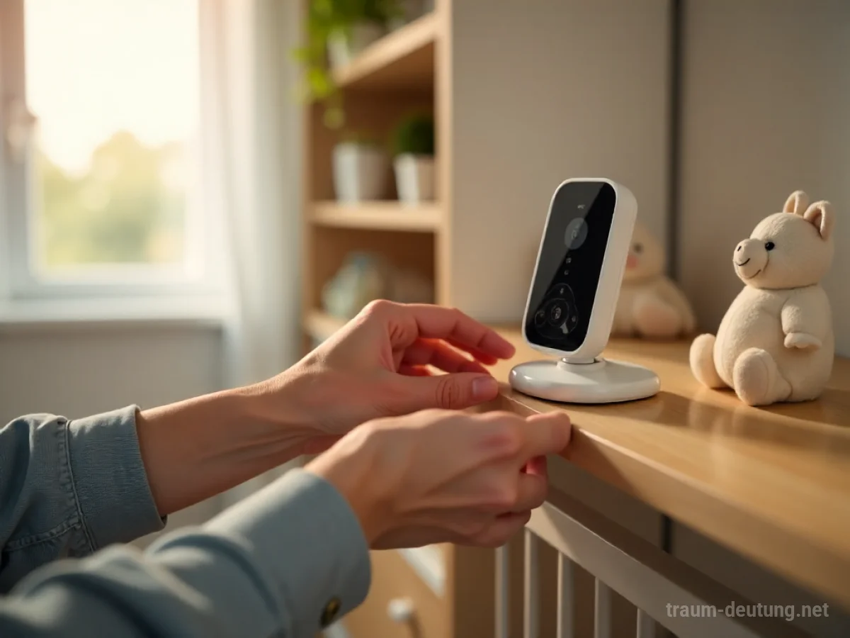 Hände legen ein Babyfon in einem Kinderzimmer auf ein Regal.
