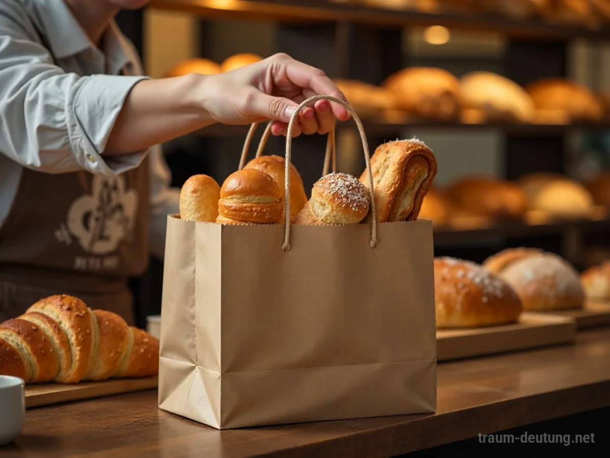 Hände legen frische Backwaren in eine Einkaufstasche in einer Bäckerei.
