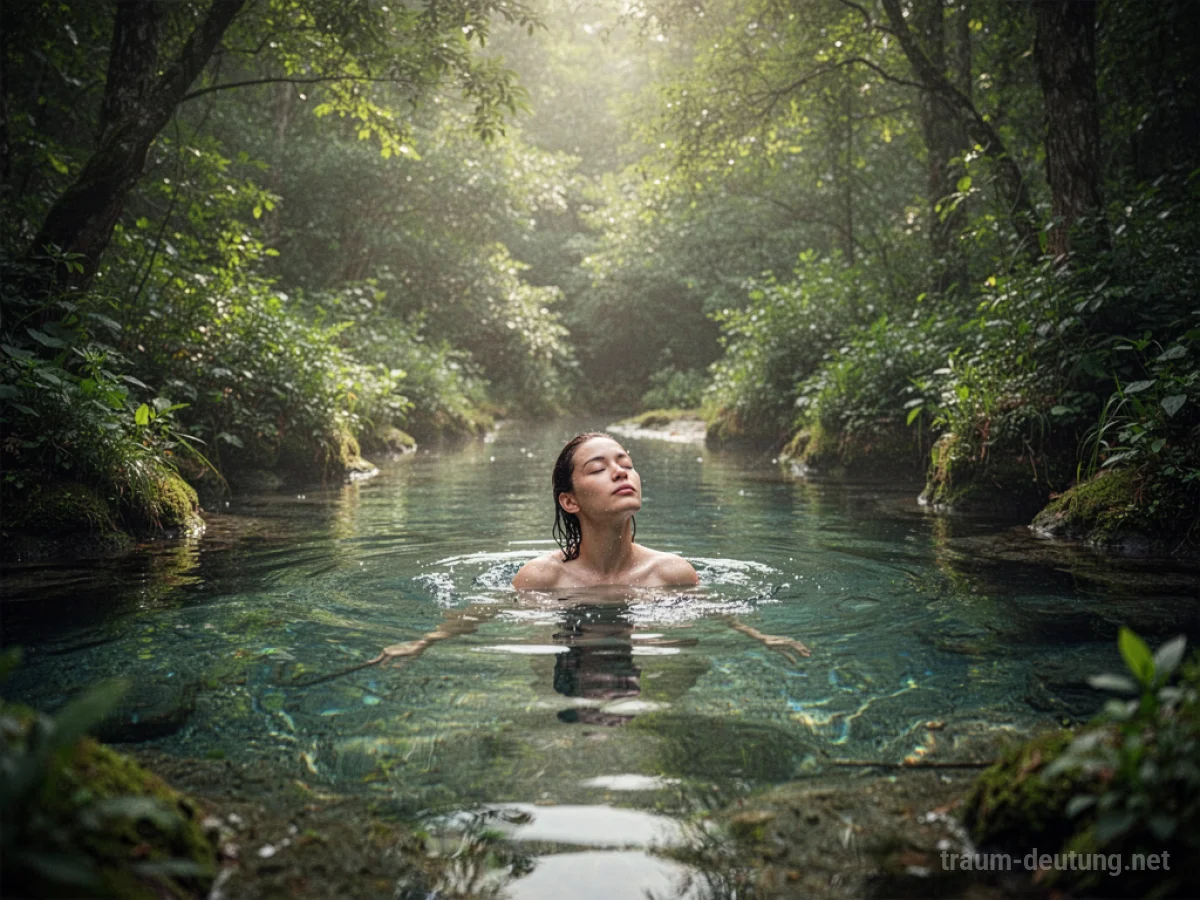 Eine Person badet in einer klaren Quelle im Wald, umgeben von grüner Natur.