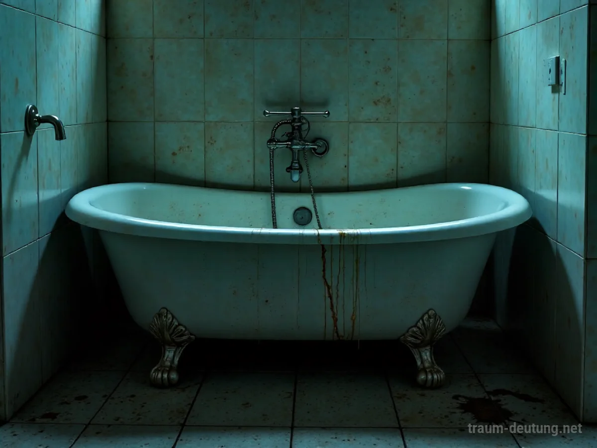 Eine zerfallende Badewanne, aus der Wasser tropft, in einem dunklen Badezimmer.