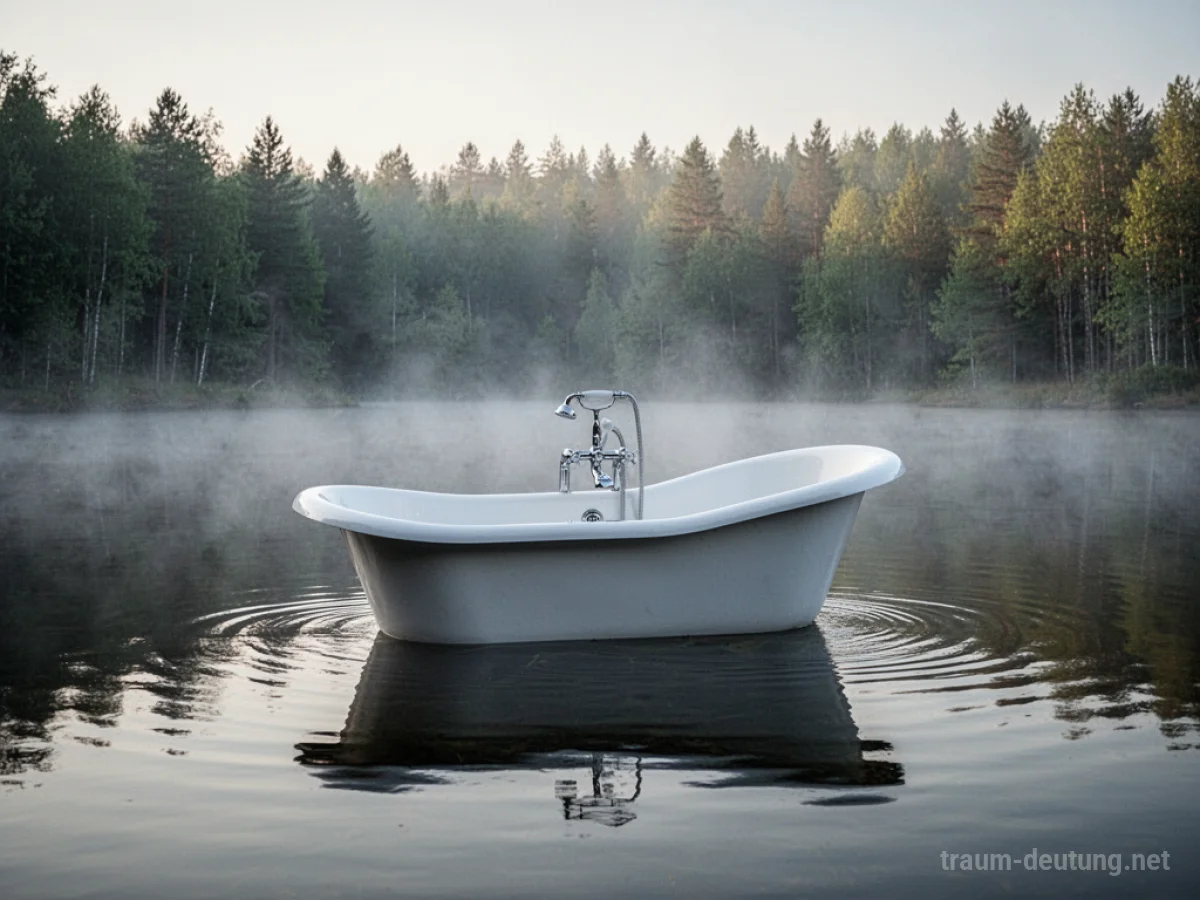 Eine Badewanne schwimmt auf einem ruhigen See.