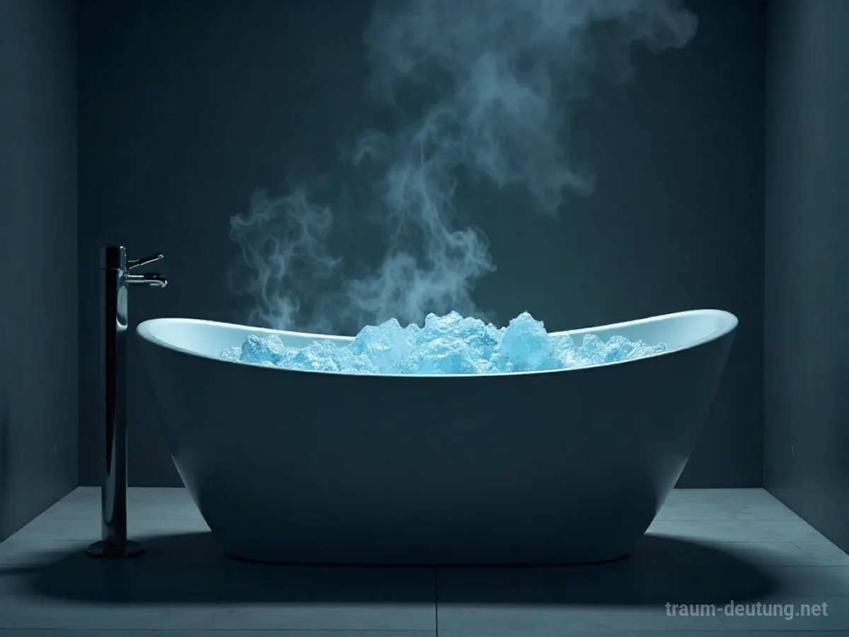 Badewanne gefüllt mit eiskaltem Wasser in einem kargen Badezimmer