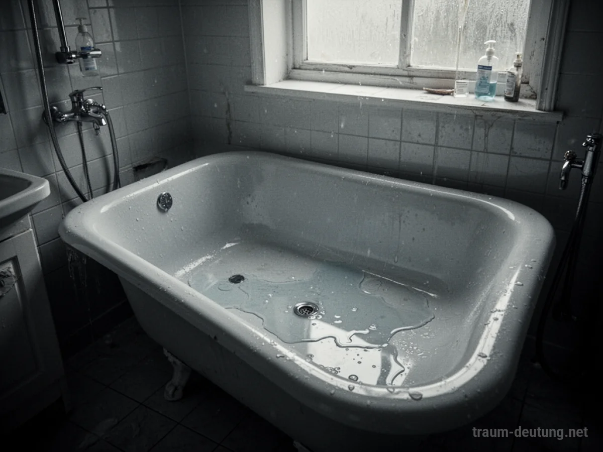 Leere Badewanne ohne Wasserhahn mit etwas Wasser am Boden