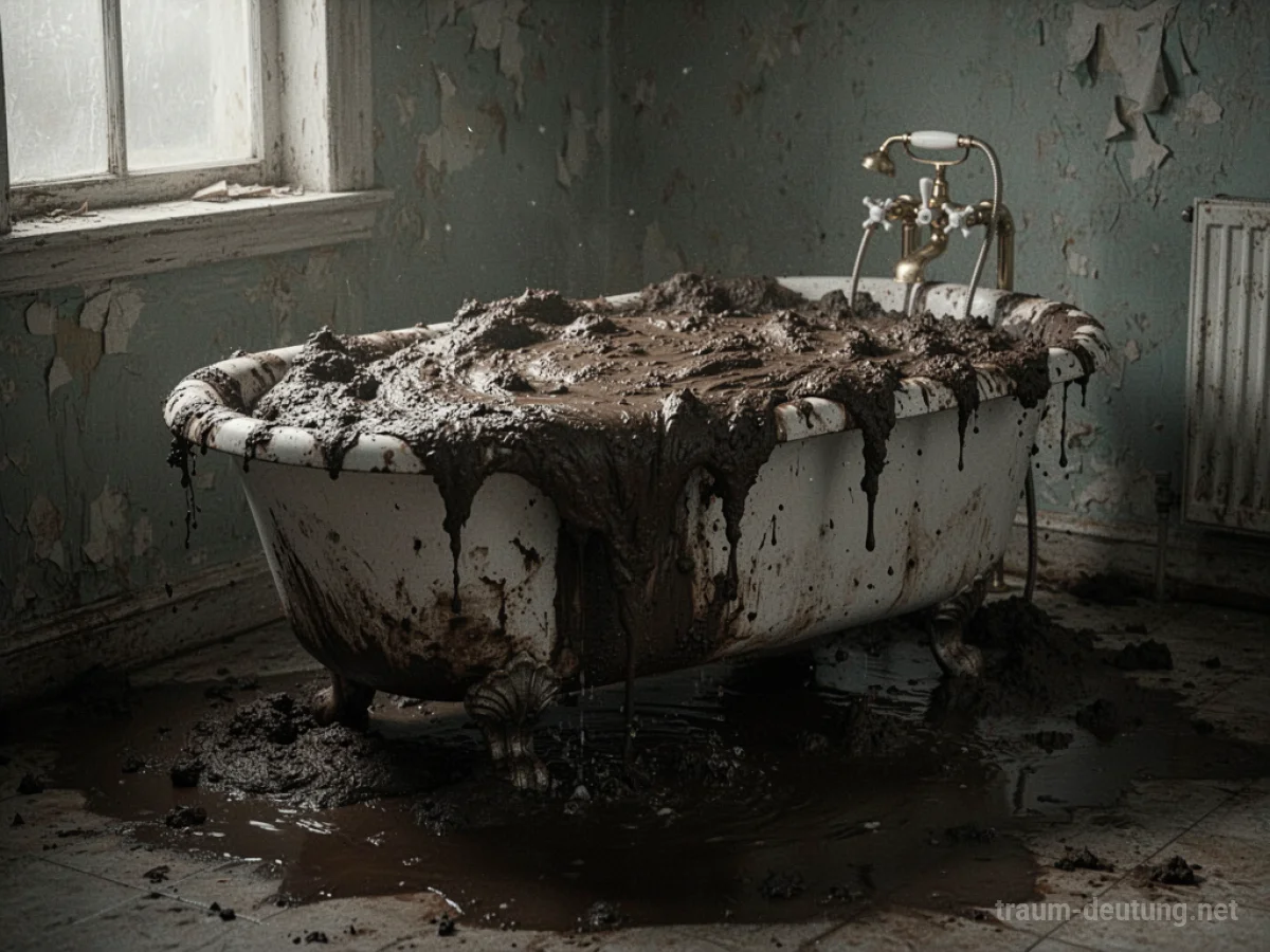 Eine Badewanne, die überläuft mit dickem, dunklem Schlamm.