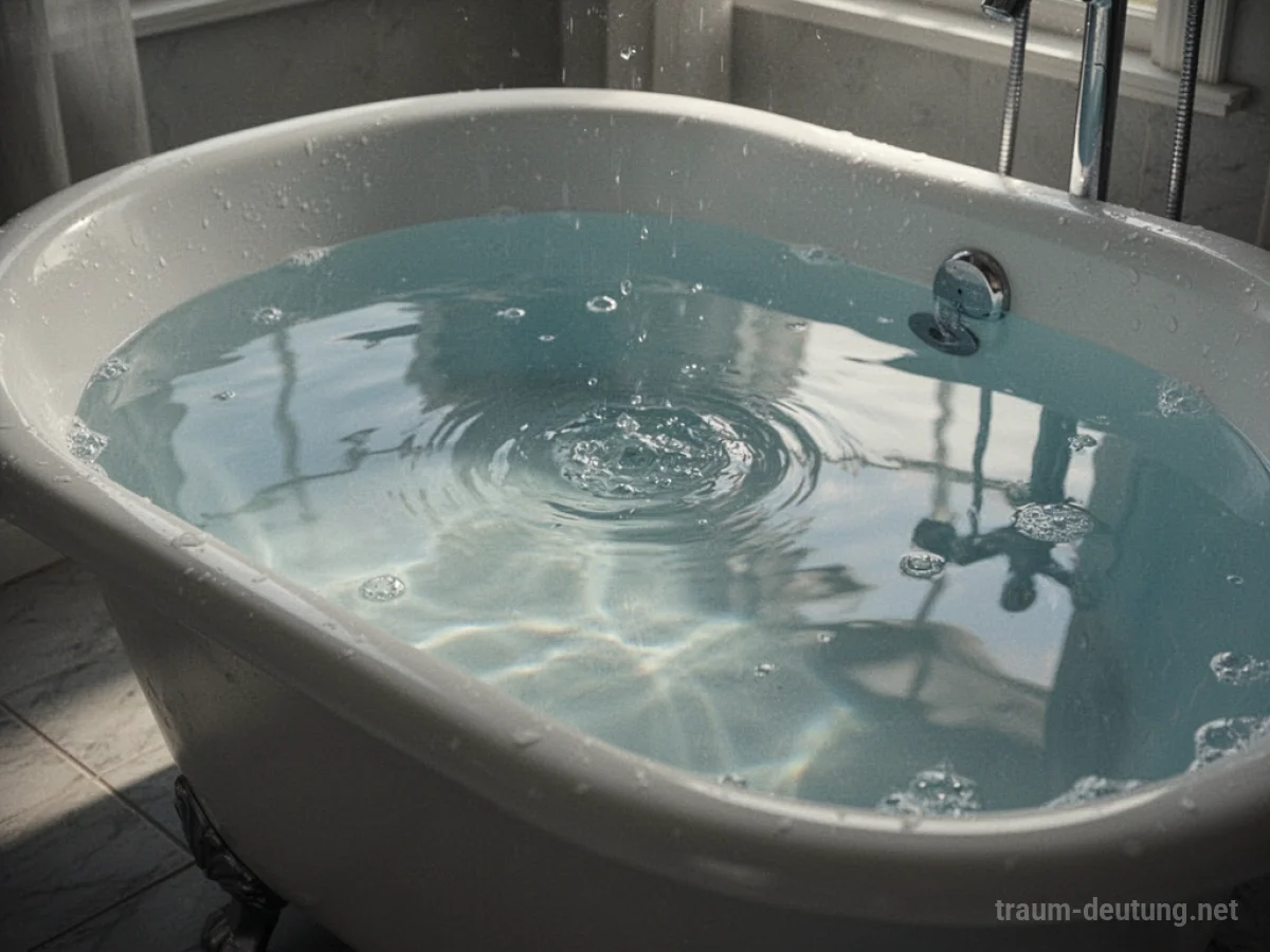 Eine Badewanne, randvoll mit klarem Wasser, im sanften Licht.