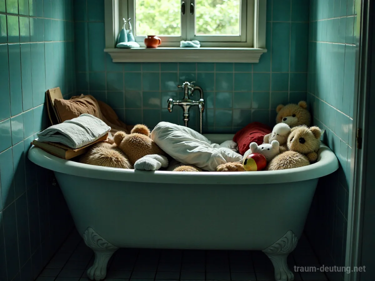 Eine übervolle Badewanne mit Büchern und Kleidung, aus der Gegenstände quellen.