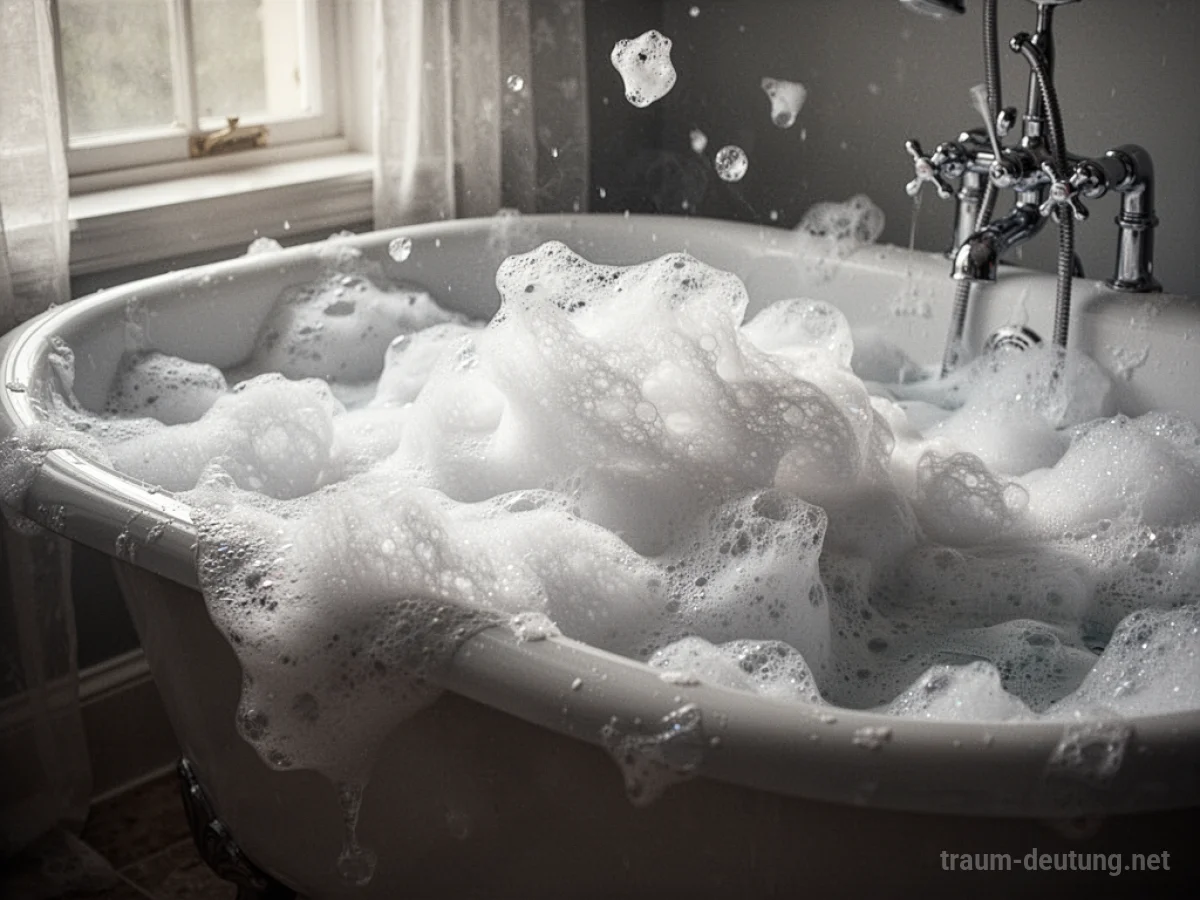 Eine überquellende Badewanne voller weißem Schaum im sanften Licht.