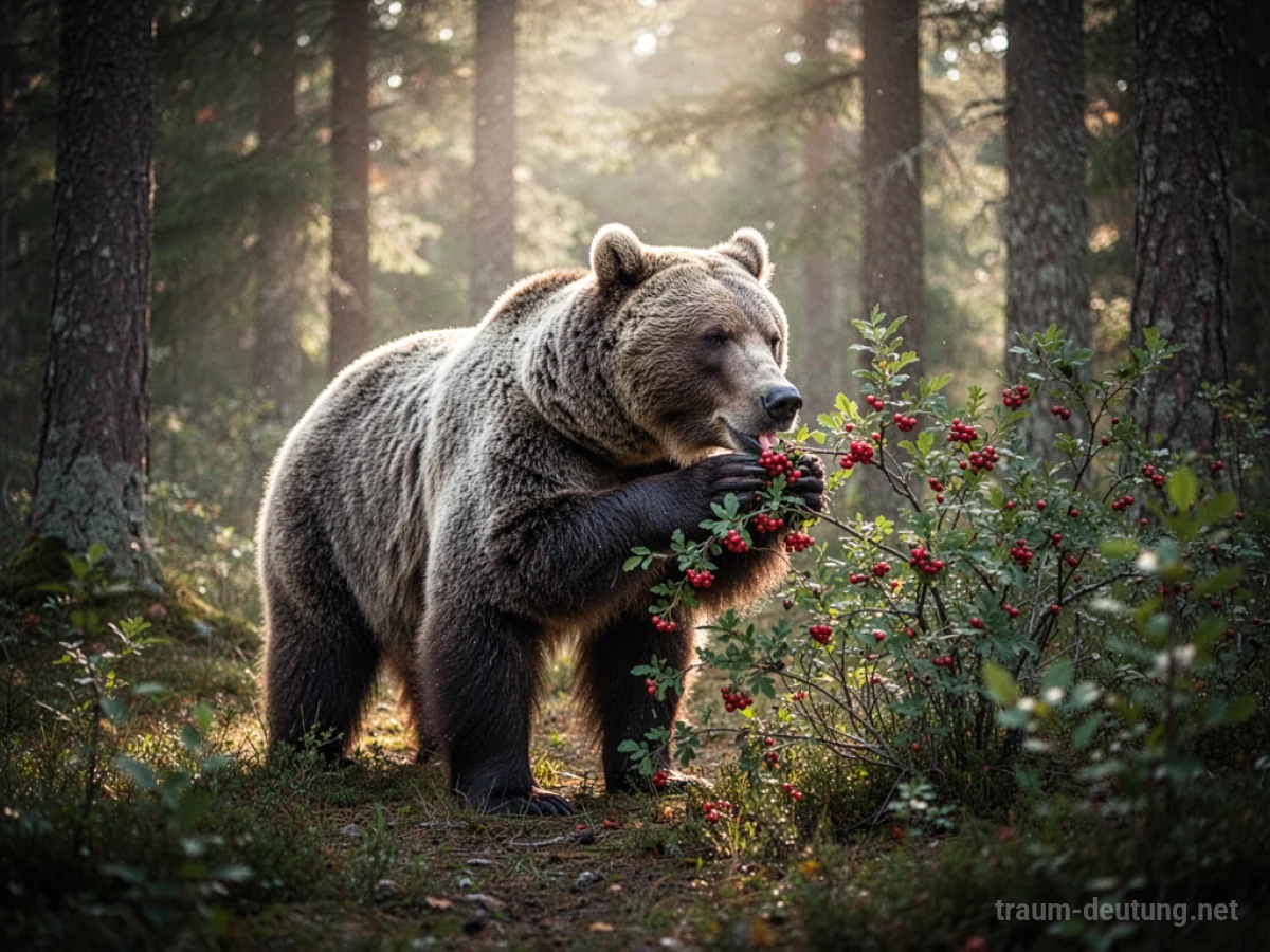 Ein Bär frisst Beeren in einem sonnigen Waldlichtung.