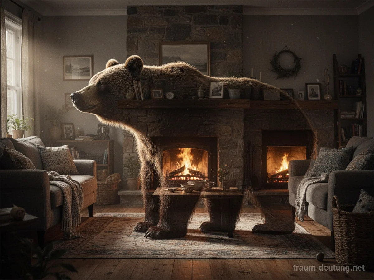 Symbolischer Bär in einem Wohnzimmer, der Schutz symbolisiert
