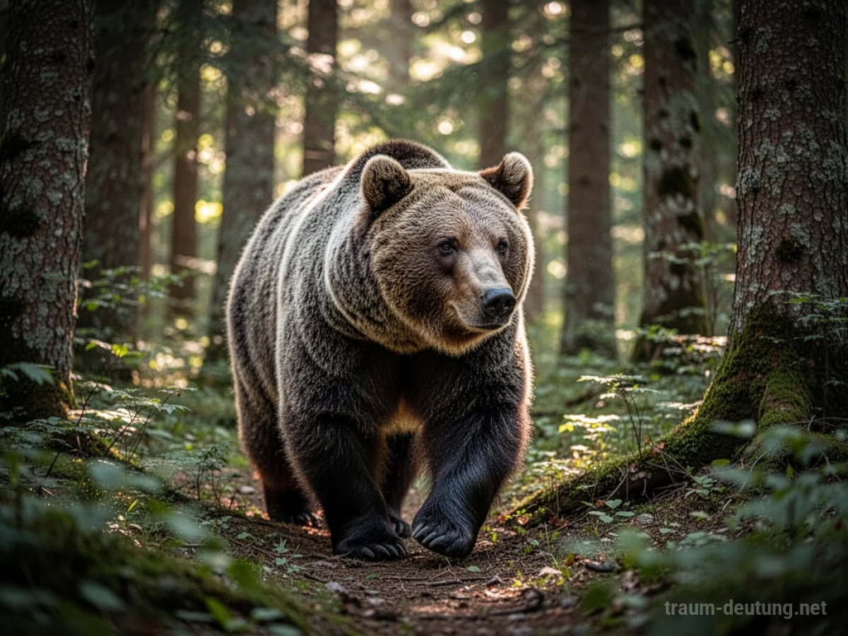 Ein Bär geht friedlich durch einen dichten Wald.