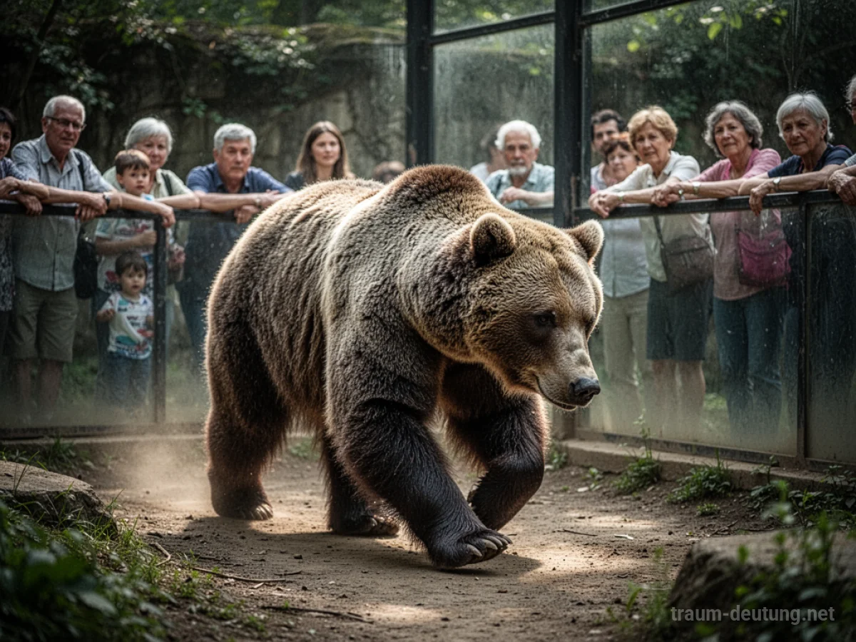 Braunbär in einem Zoo-Gehege hinter einer Absperrung