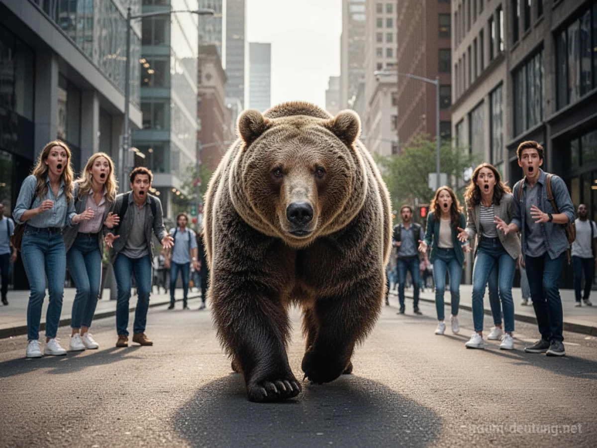 Ein Bär geht friedlich durch eine belebte Stadtstraße, Menschen beobachten ihn aus sicherer Entfernung.