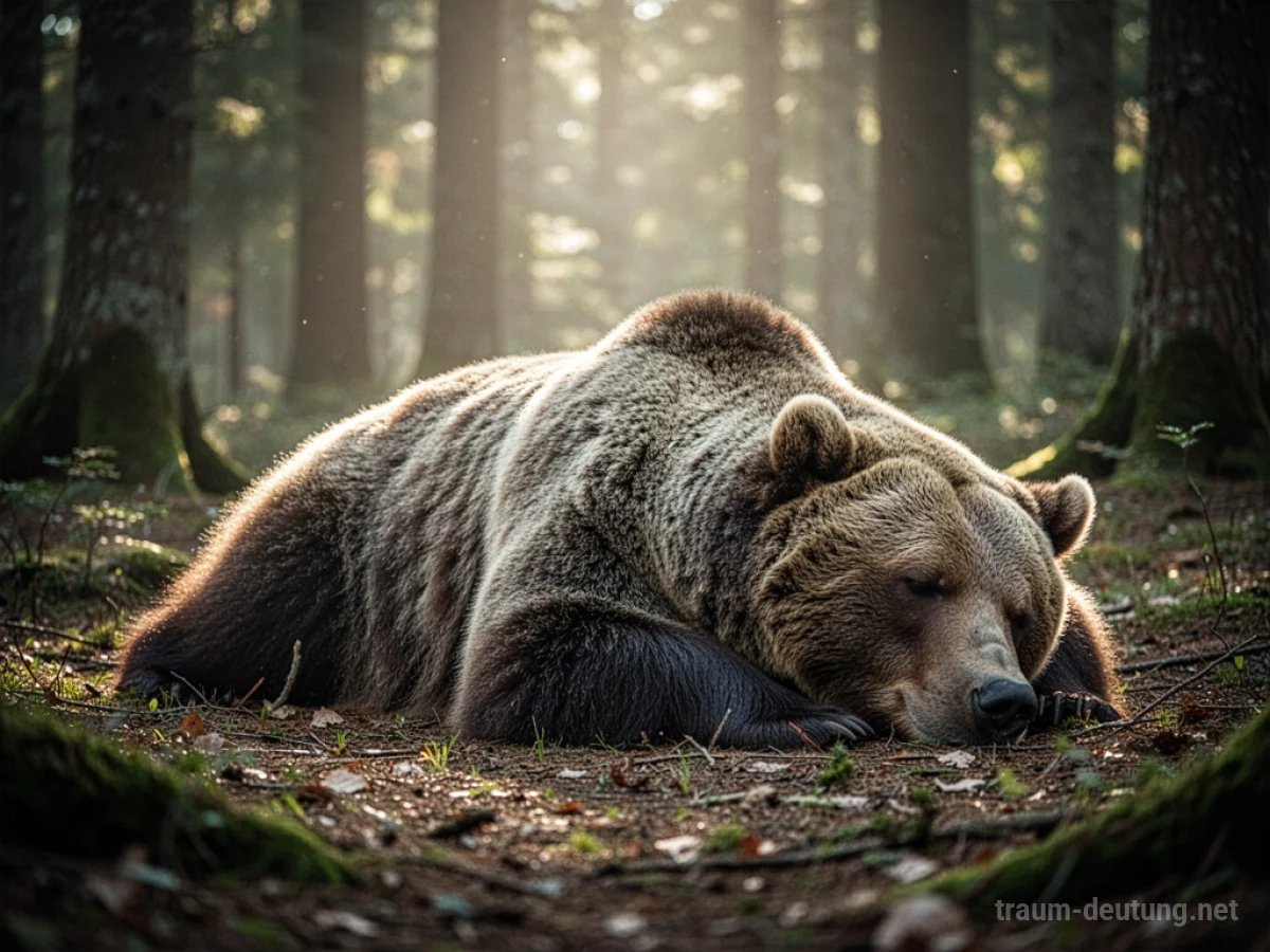 Ein Bär ruht friedlich im Wald, umgeben von sanftem Licht.