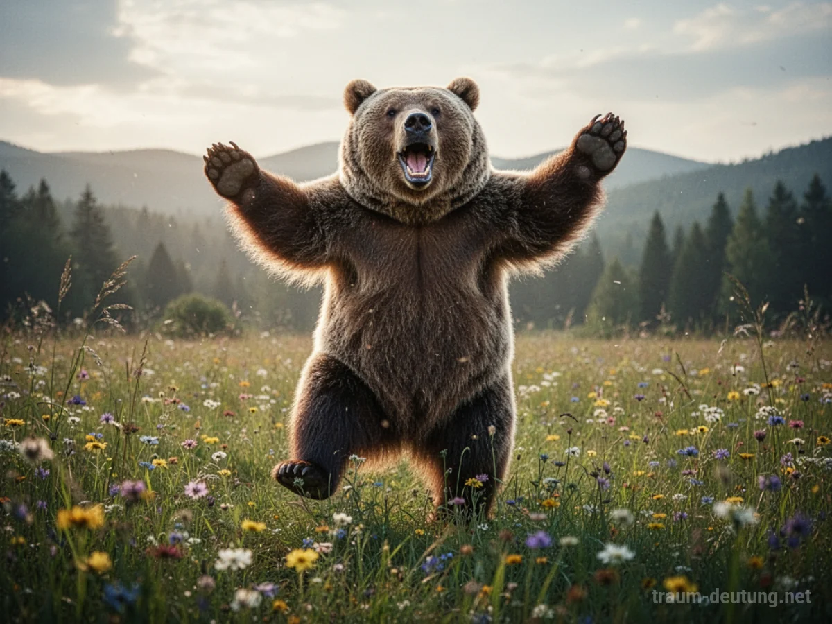 Ein freundlicher Bär tanzt fröhlich auf einer blühenden Wiese.