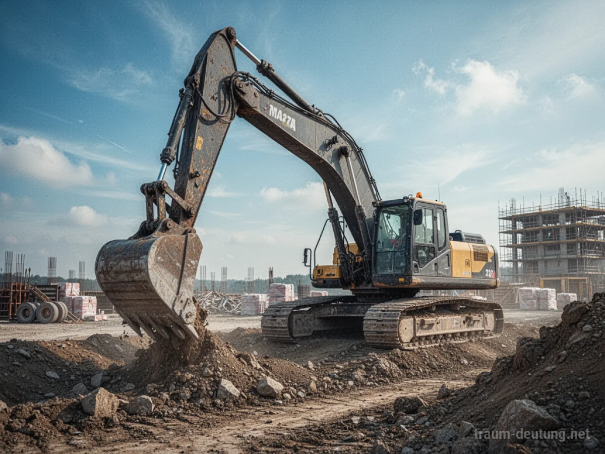 Ein großer Bagger gräbt auf einer Baustelle unter blauem Himmel.