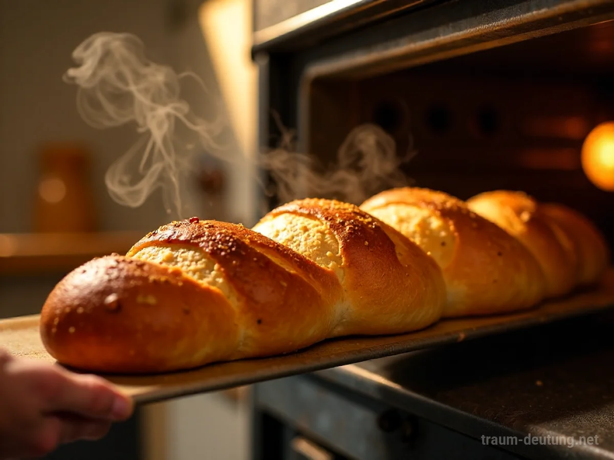 Frisch gebackenes Baguette steigt aus dem Ofen in einer Küche.
