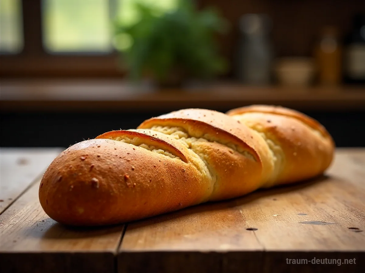 Ein einzelnes Baguette auf einem Holztisch im sanften Licht