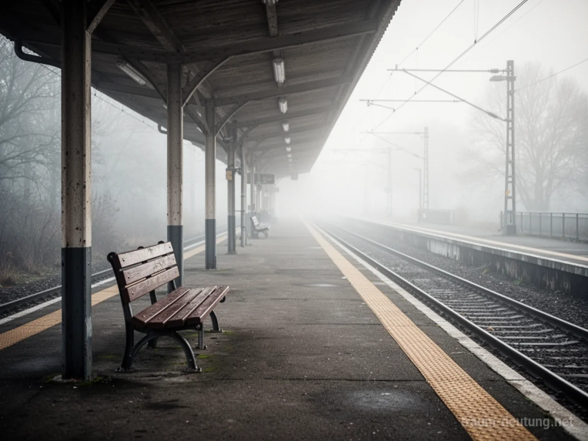 Ein leerer Bahnhof mit Gleisen, die im Nebel verschwinden.
