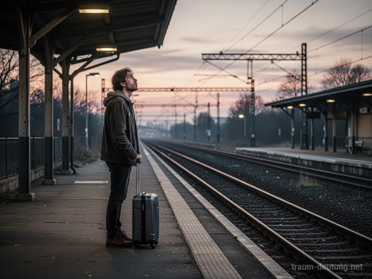 Eine Person steht verwirrt auf einem leeren Bahnhof und sucht ihren Zug.
