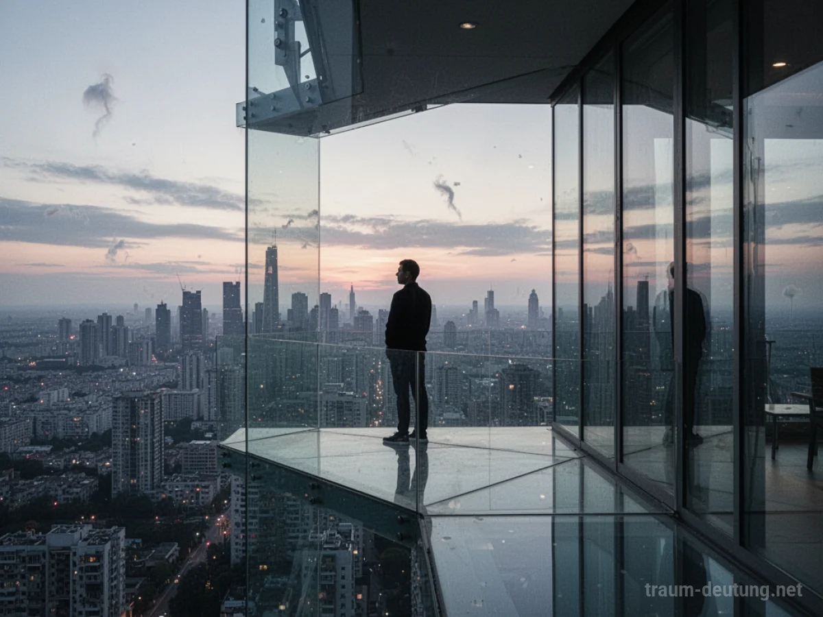 Ein moderner Balkon vollständig aus Glas mit Blick auf eine Stadt bei Dämmerung.