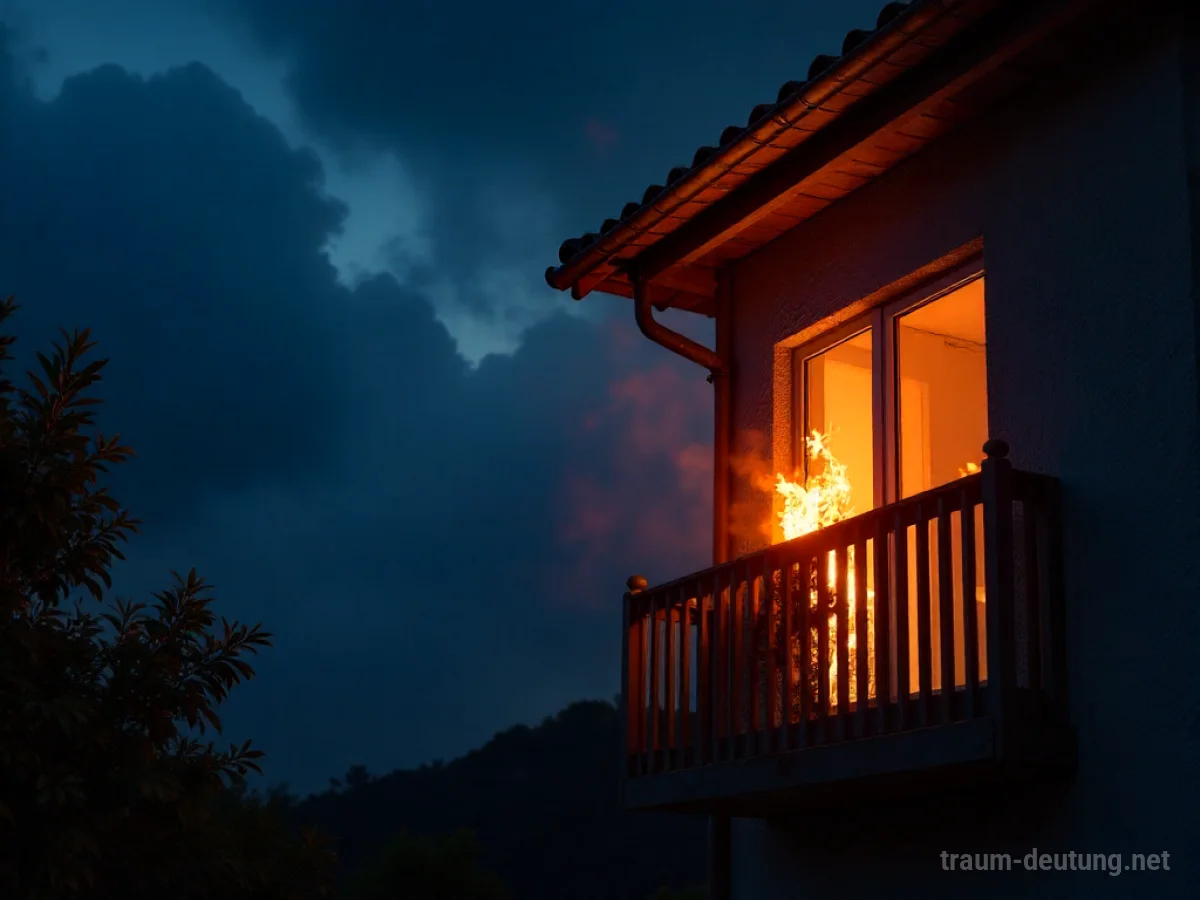 Brennender Balkon in der Nacht mit Flammen und Rauch