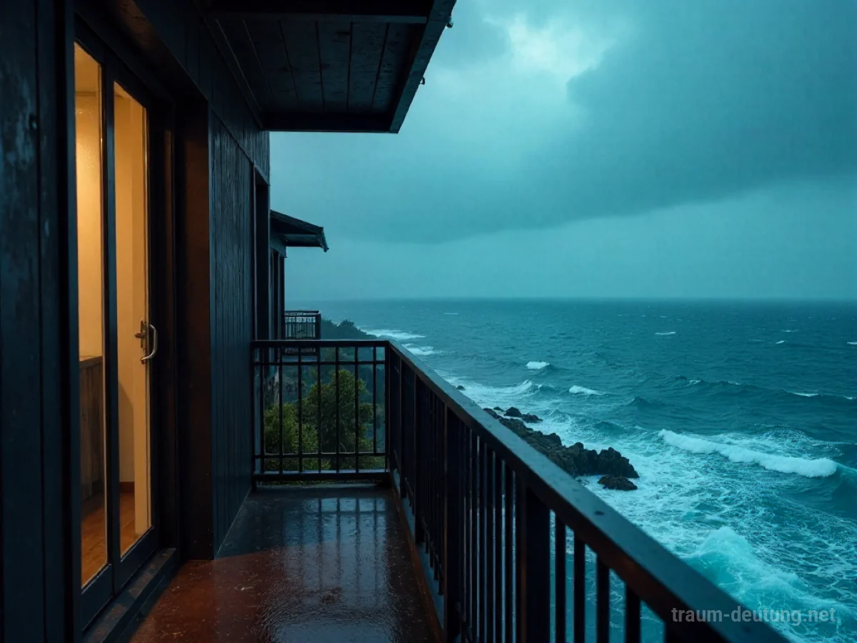 Balkon im Sturm und Regen mit aufgewühlten Wellen