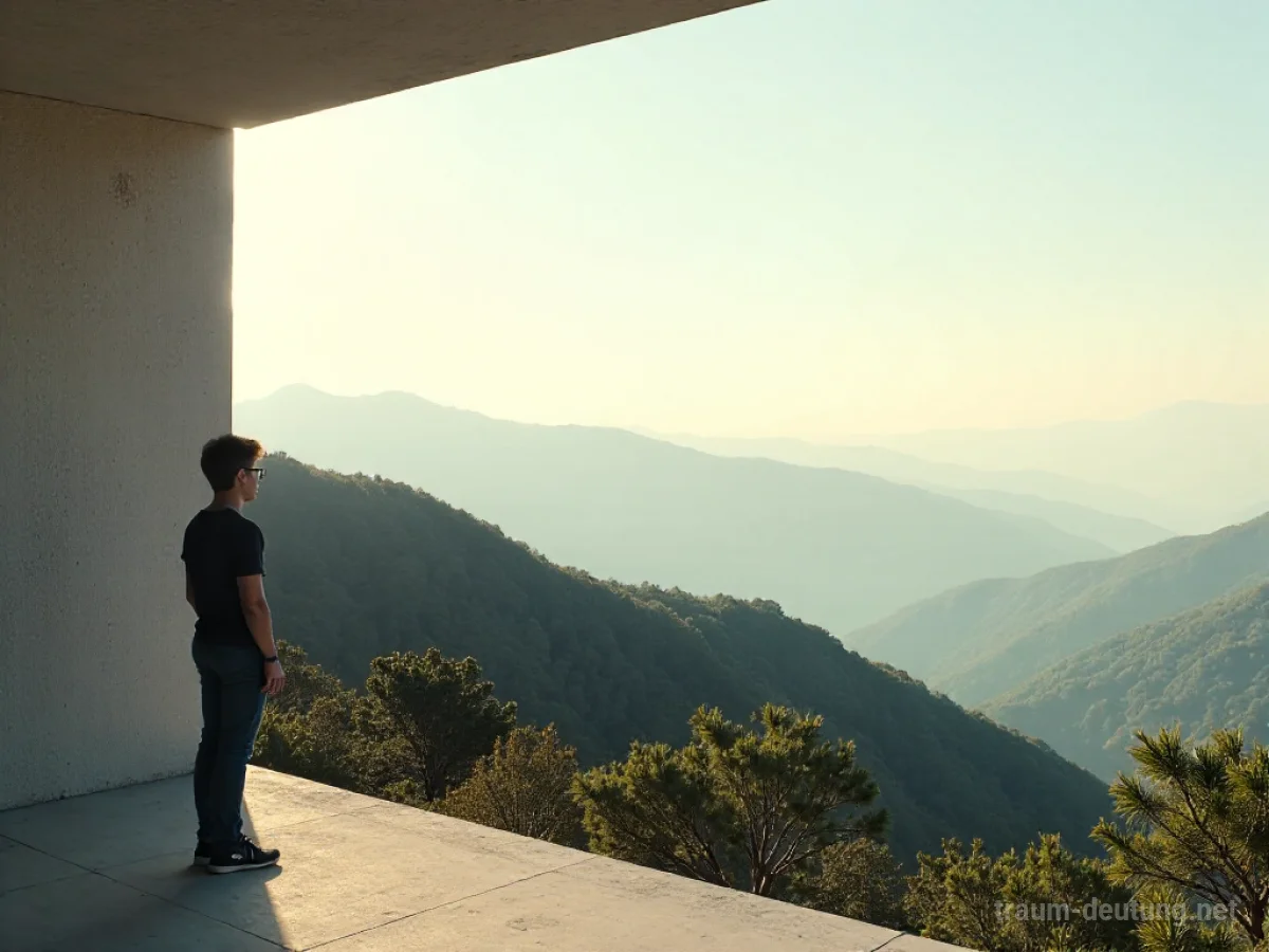 Person steht auf einem Balkon und blickt in eine weite Landschaft.
