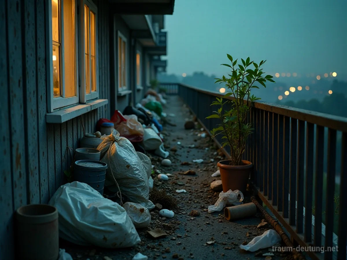 Ein vollgestopfter Balkon mit Schmutz und Müll, der Vernachlässigung symbolisiert.
