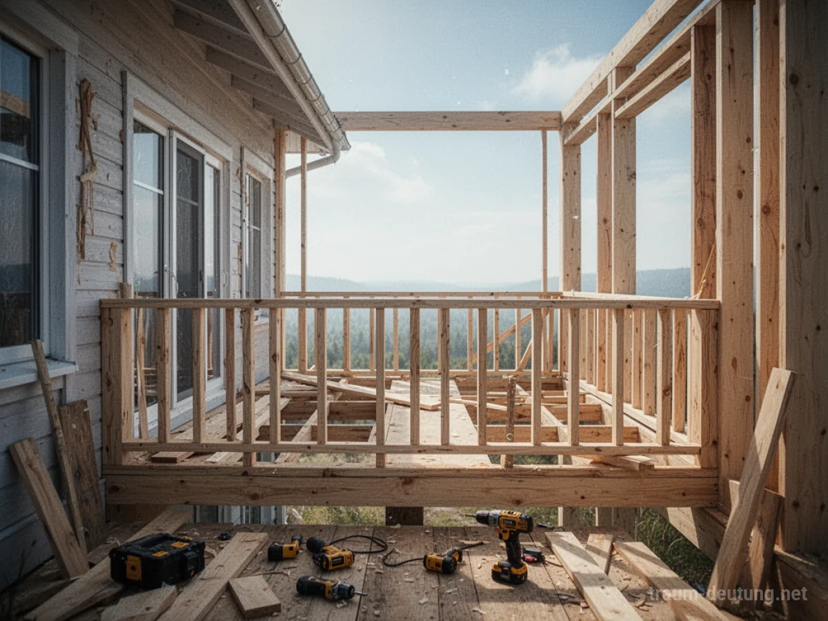 Ein unfertiger Balkon aus Holz wird an einem Haus angebaut.