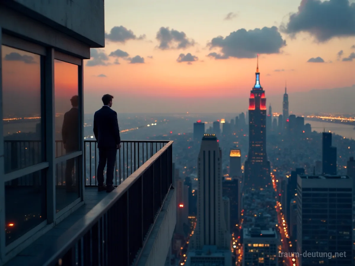 Person auf einem sehr hohen Balkon mit Blick über eine weite Stadt