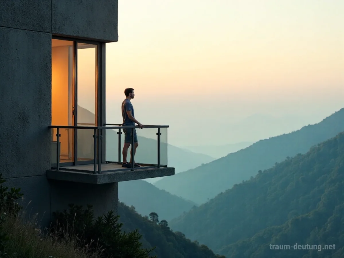Person steht auf einem winzigen Balkon mit Blick auf weite Landschaft